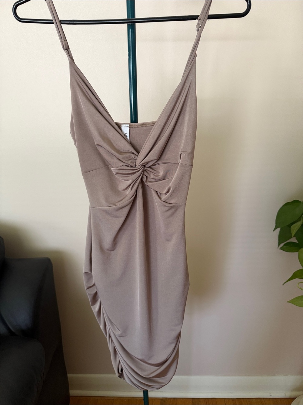 Mendocino Taupe Twist-Front Spaghetti Strap Mini Dress